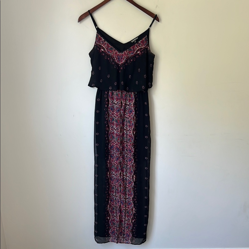 Express Maxi Dress Womens S Black Red Paisley Boho Cami Chiffon Split Front #